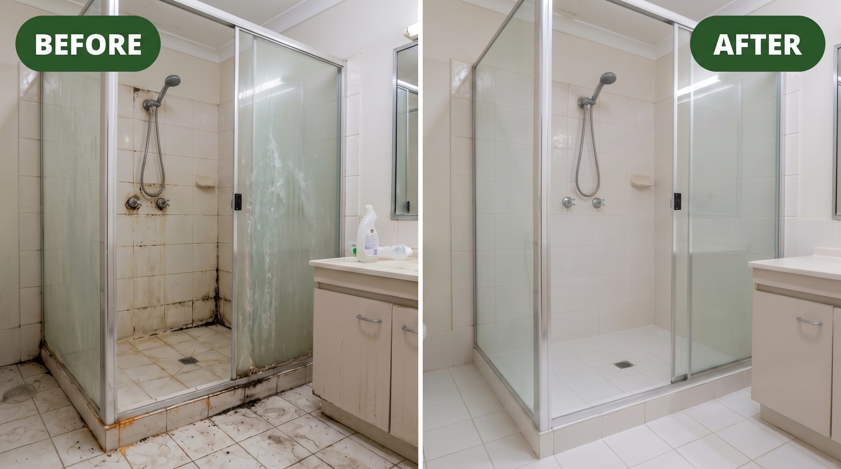 Before and after of bathroom deep cleaned with mould removed in Perth