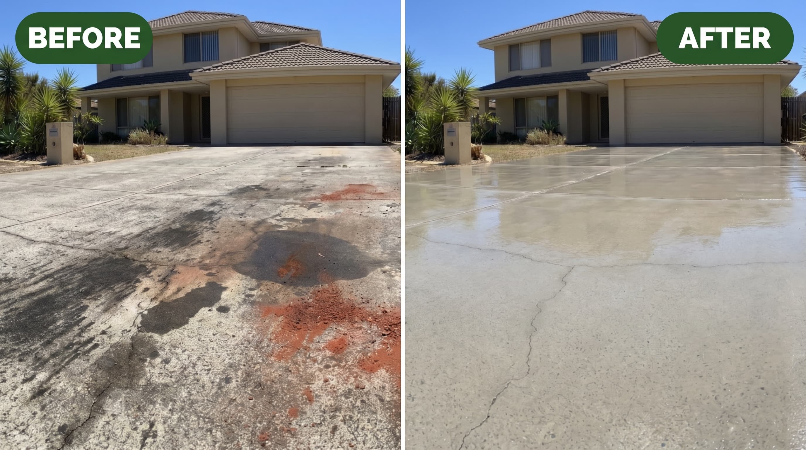 Before and after of stained concrete driveway pressure cleaned in Perth