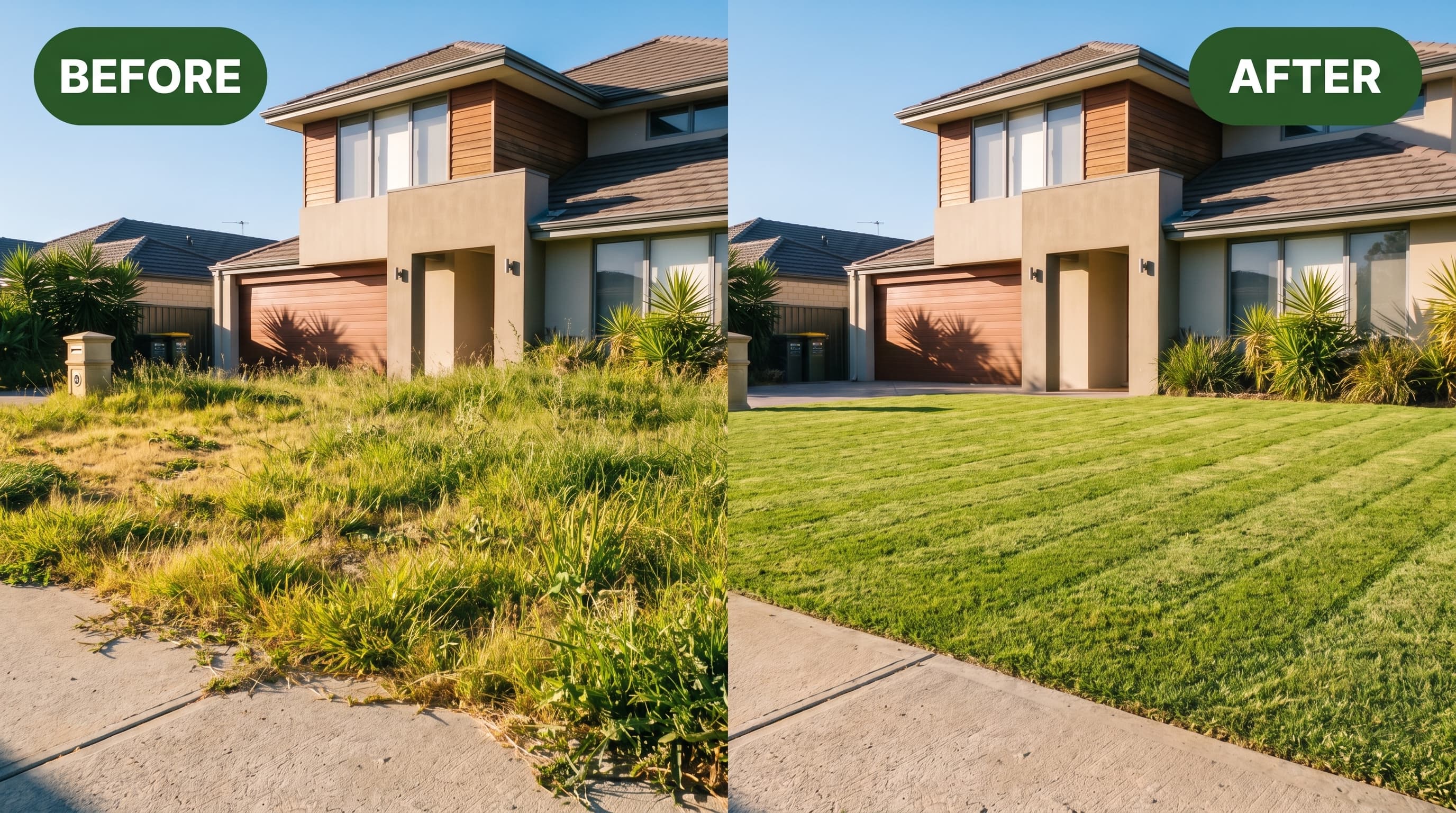 Before and after of overgrown lawn professionally mowed and maintained in Perth