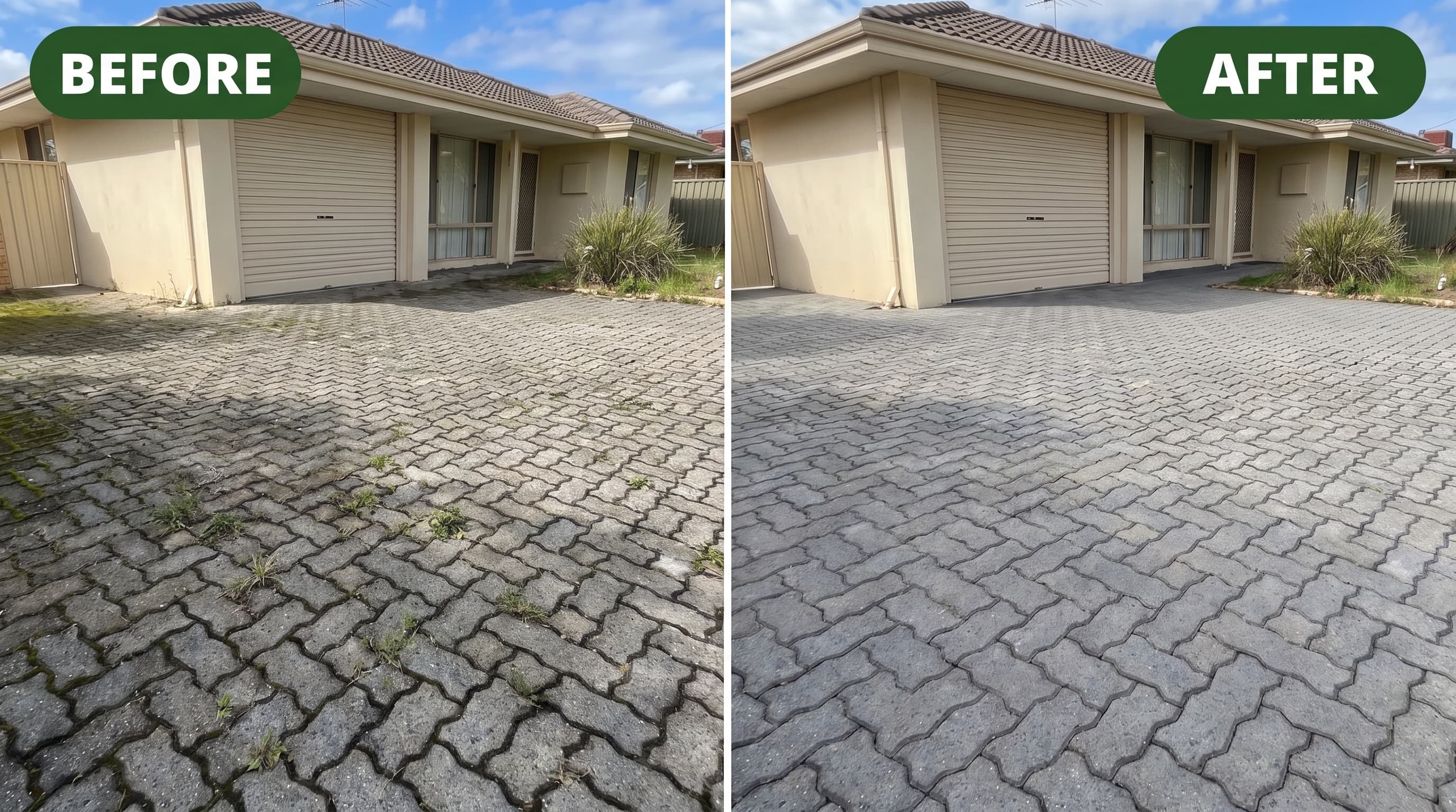 Before and after of moss-covered driveway pavers professionally cleaned in Perth